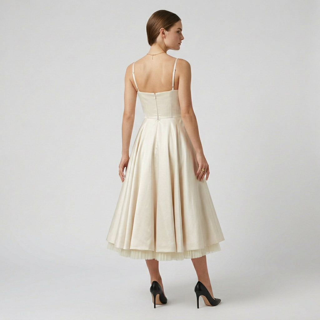 Robe Midi Corset Brodée Col V Coupe Évasée pour Femme