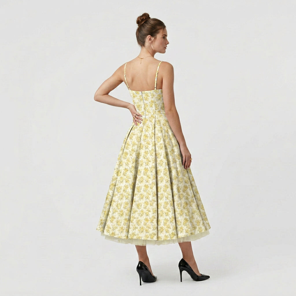 Robe Midi Corset Brodée Col V Coupe Évasée pour Femme