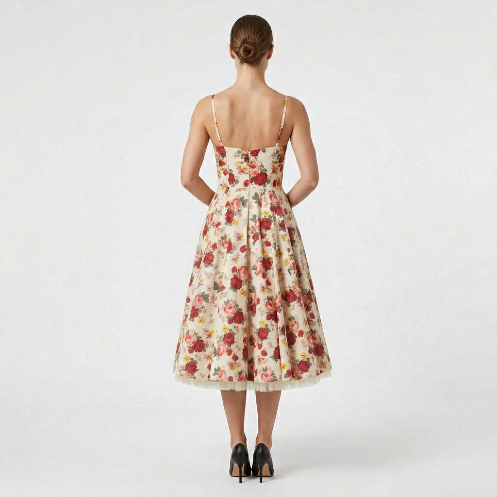Robe Midi Corset Brodée Col V Coupe Évasée pour Femme
