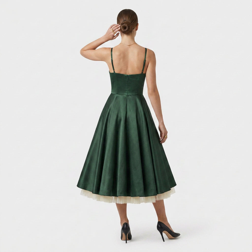 Robe Midi Corset Brodée Col V Coupe Évasée pour Femme