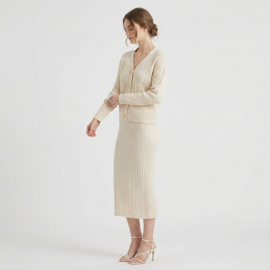 Ensemble Jupe Crayon et Pull Côtelé Col V pour Femme