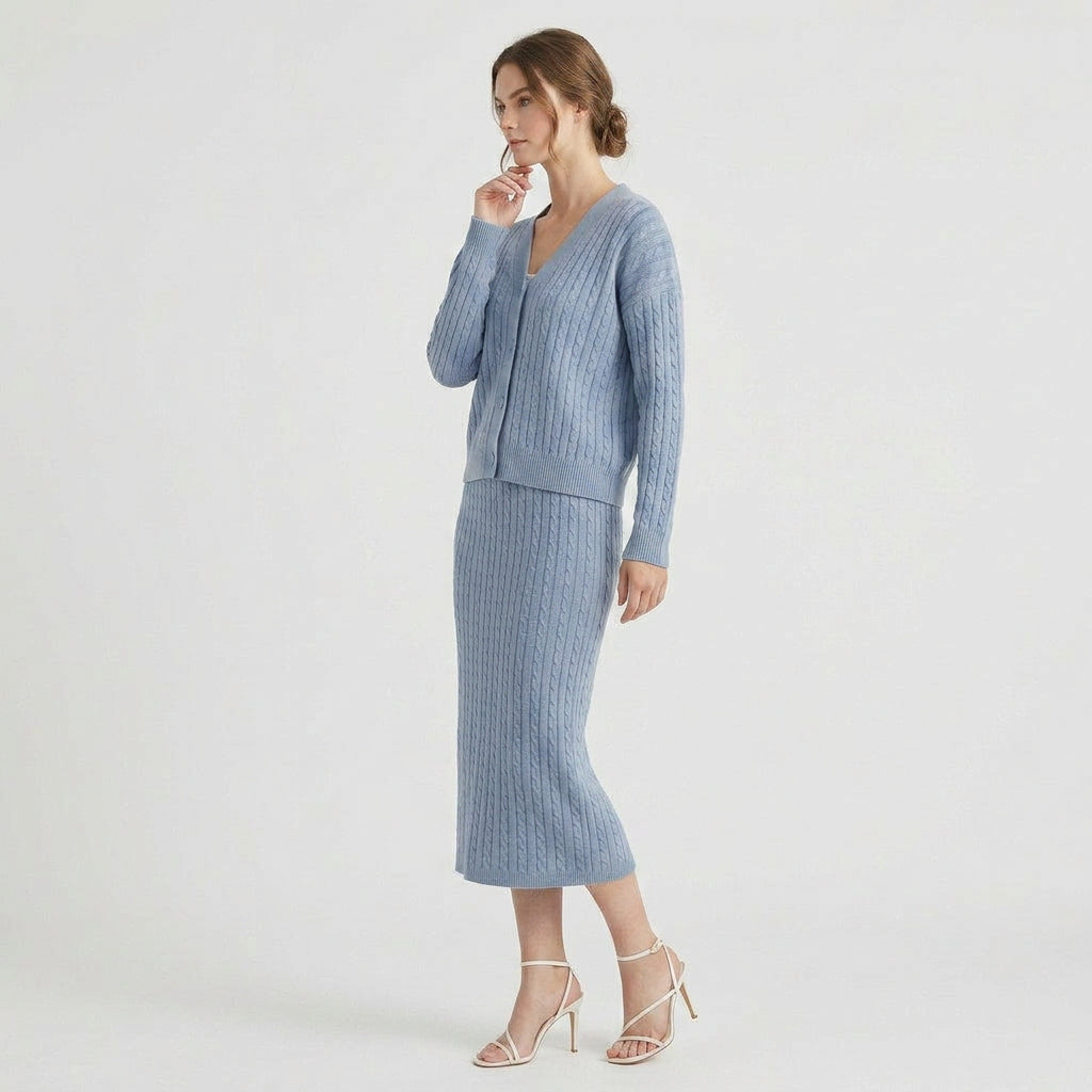 Ensemble Jupe Crayon et Pull Côtelé Col V pour Femme