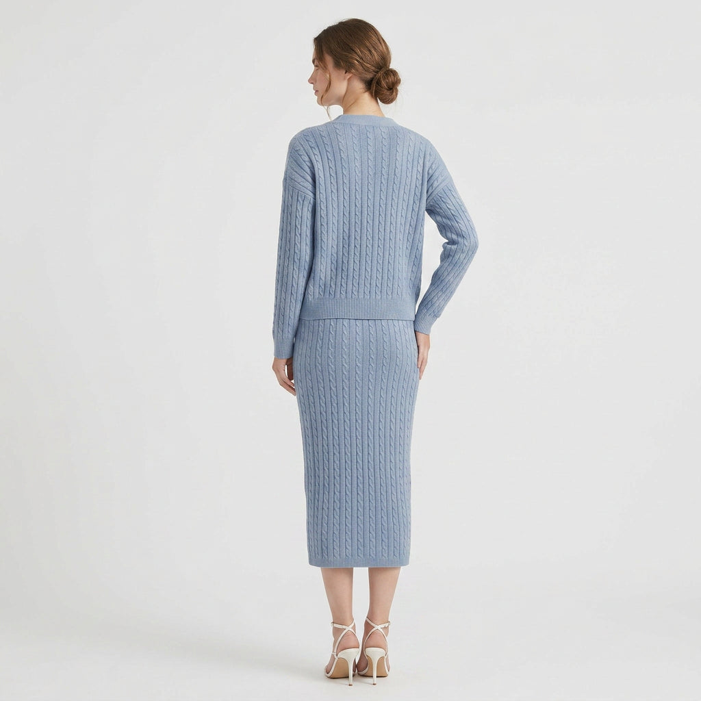 Ensemble Jupe Crayon et Pull Côtelé Col V pour Femme