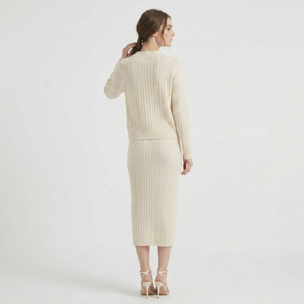 Ensemble Jupe Crayon et Pull Côtelé Col V pour Femme