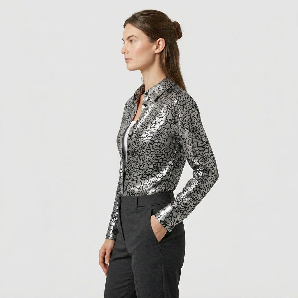 Blouse Satin Imprimé Serpent Col Classique pour Femme