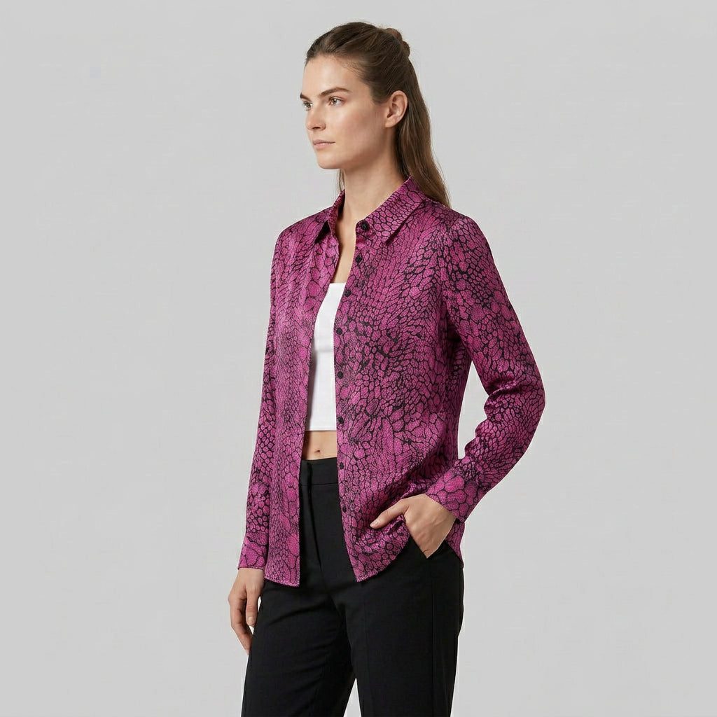 Blouse Satin Imprimé Serpent Col Classique pour Femme