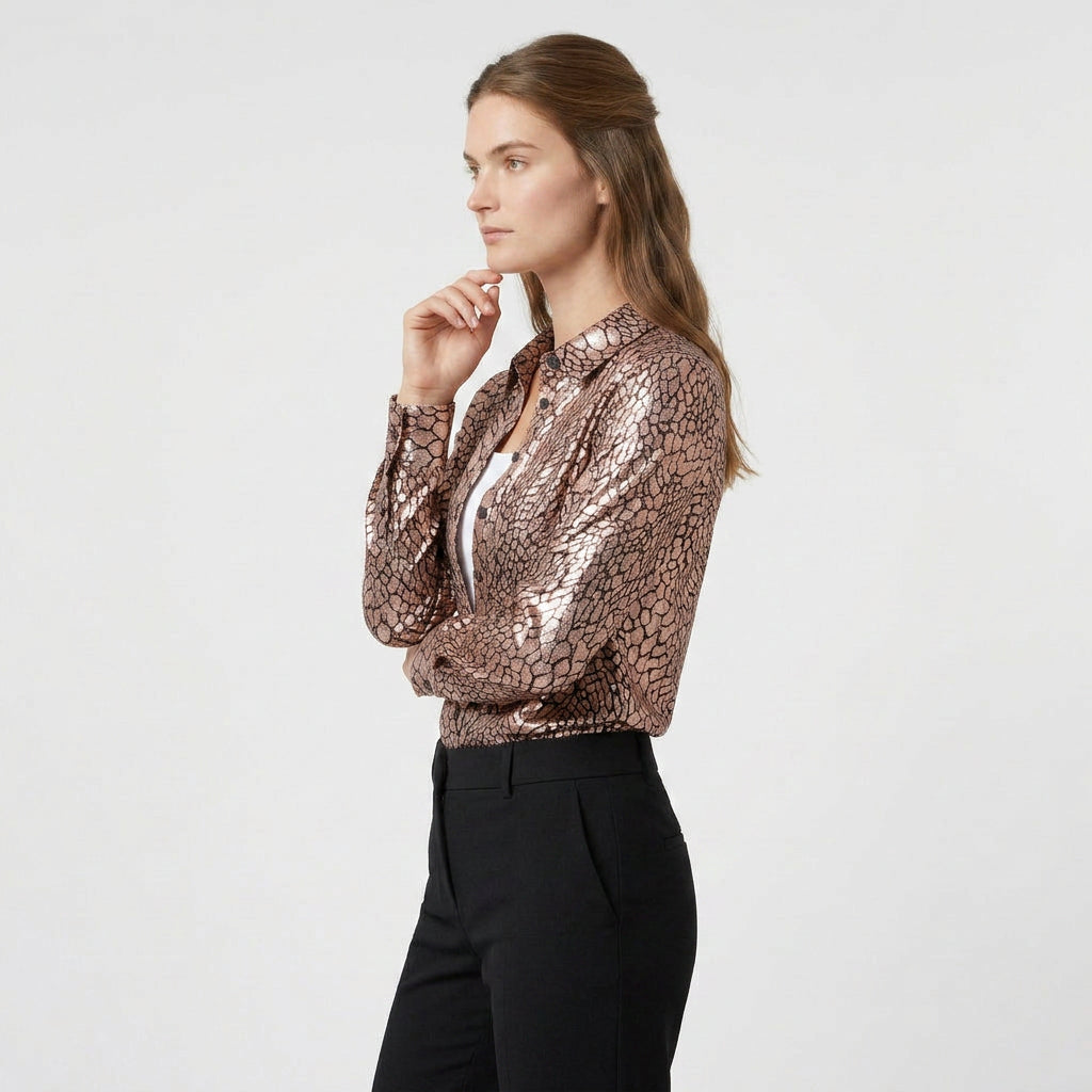 Blouse Satin Imprimé Serpent Col Classique pour Femme