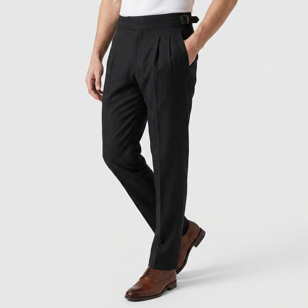 Pantalon Habillé Taille Haute Plissé Coupe Droite pour Homme
