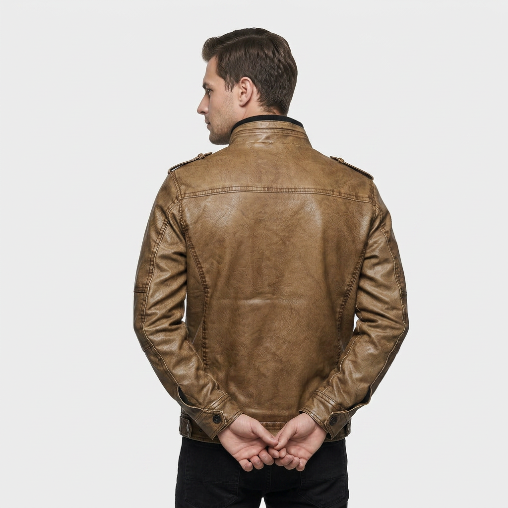 Veste Cuir Col Montant Poche Zippée pour Homme