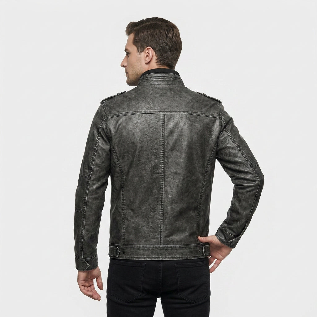 Veste Cuir Col Montant Poche Zippée pour Homme