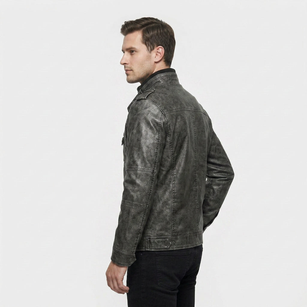 Veste Cuir Col Montant Poche Zippée pour Homme