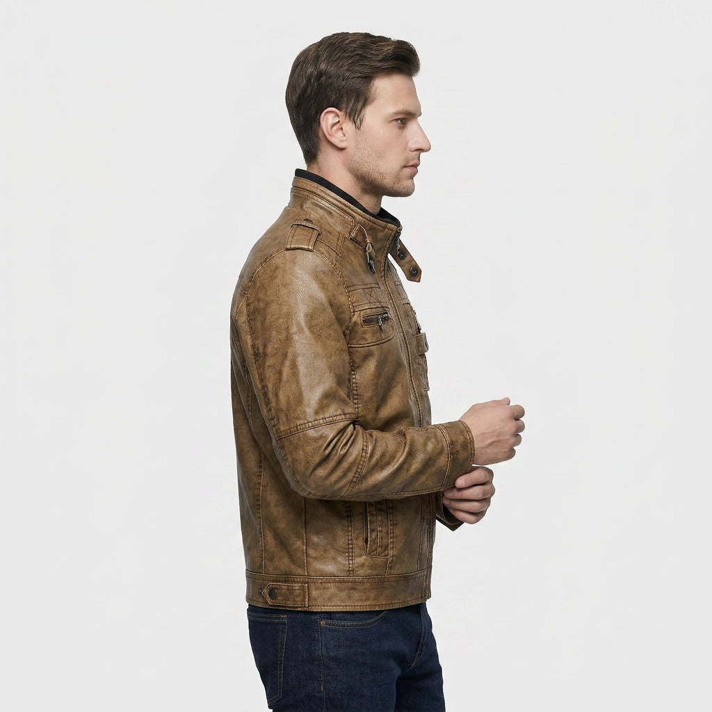Veste Cuir Col Montant Poche Zippée pour Homme