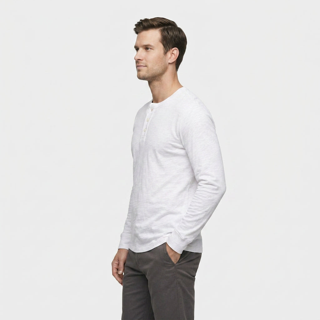 Chemise Henley Lin Manches Longues Patte Boutonnée pour Homme