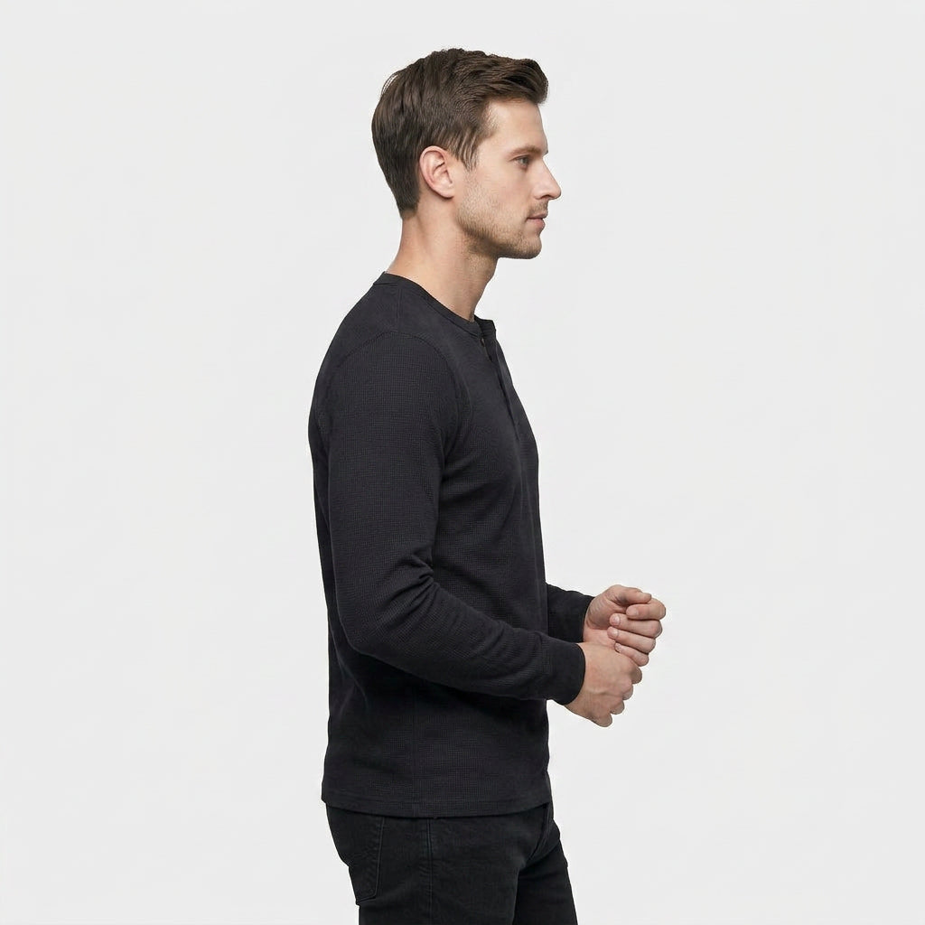 Chemise Henley Lin Manches Longues Patte Boutonnée pour Homme