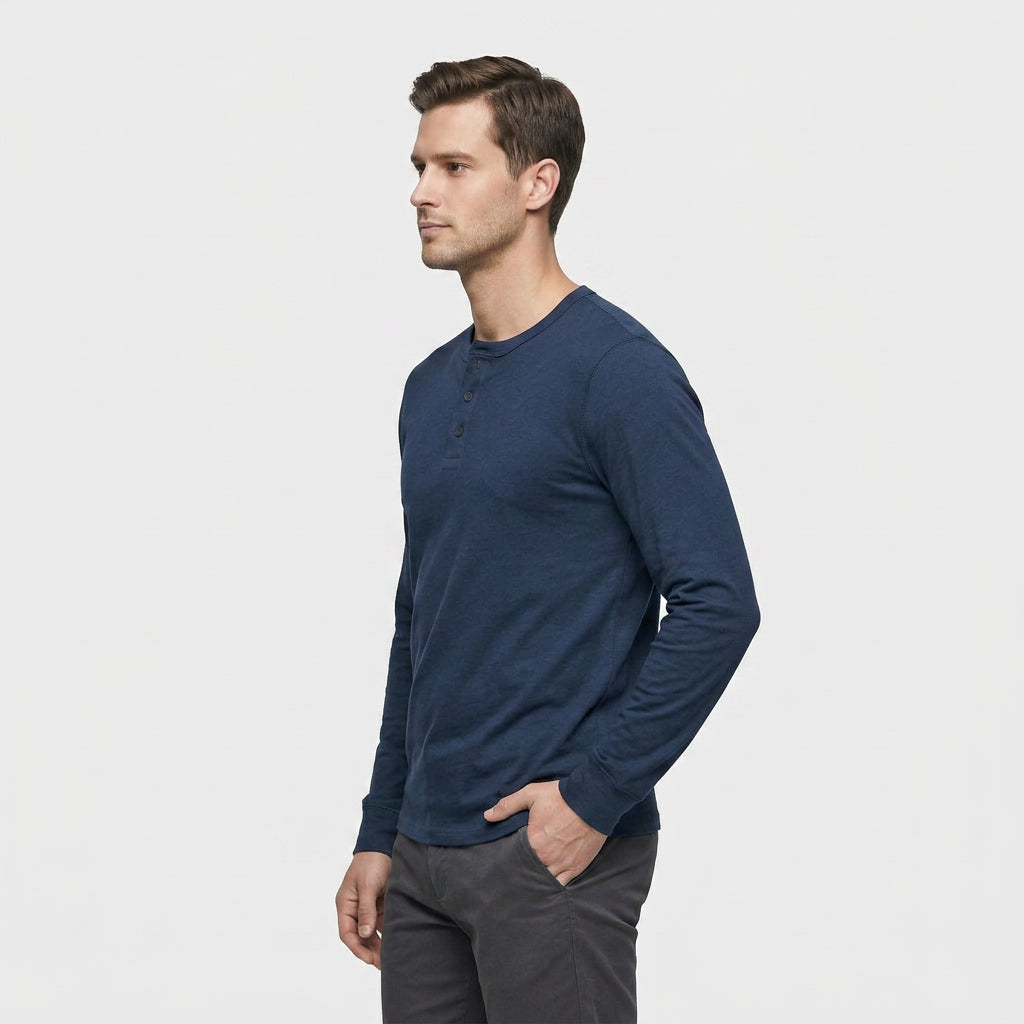 Chemise Henley Lin Manches Longues Patte Boutonnée pour Homme