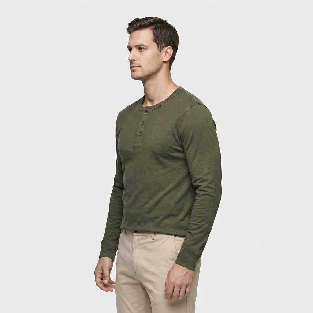 Chemise Henley Lin Manches Longues Patte Boutonnée pour Homme