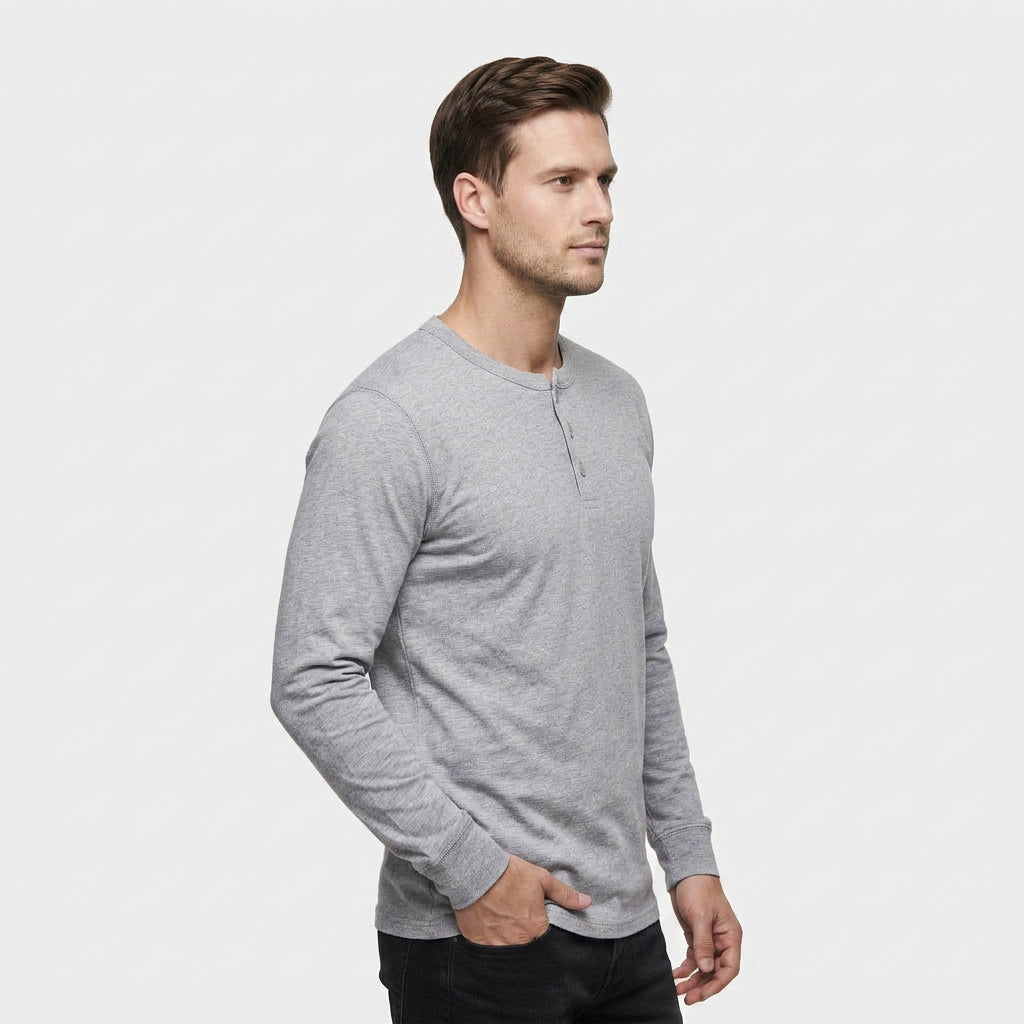 Chemise Henley Lin Manches Longues Patte Boutonnée pour Homme