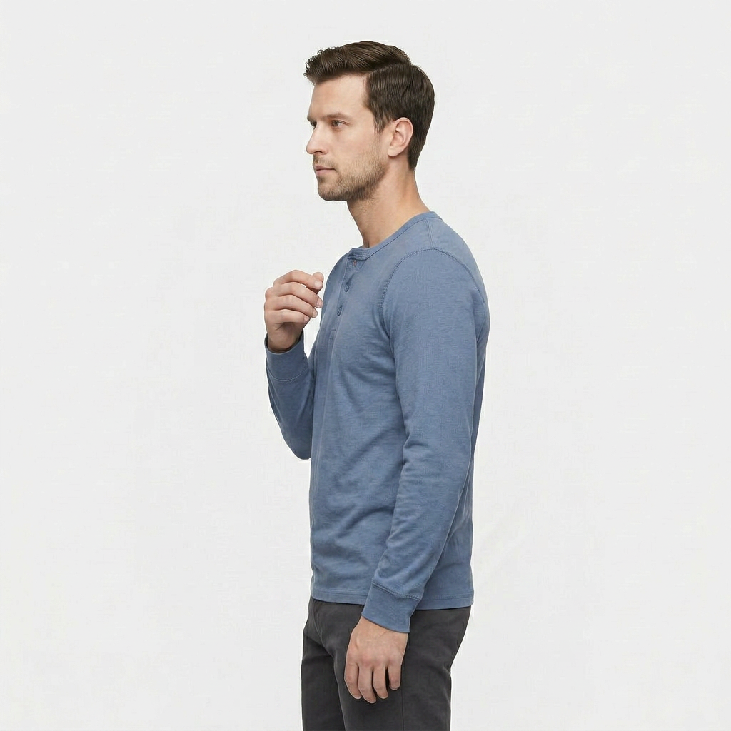 Chemise Henley Lin Manches Longues Patte Boutonnée pour Homme