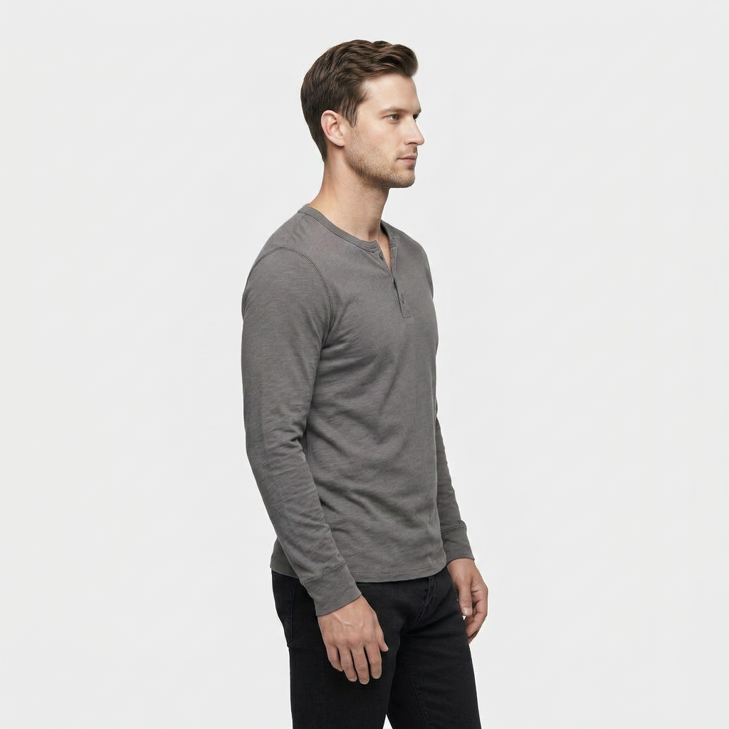 Chemise Henley Lin Manches Longues Patte Boutonnée pour Homme