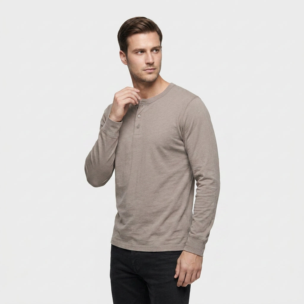 Chemise Henley Lin Manches Longues Patte Boutonnée pour Homme
