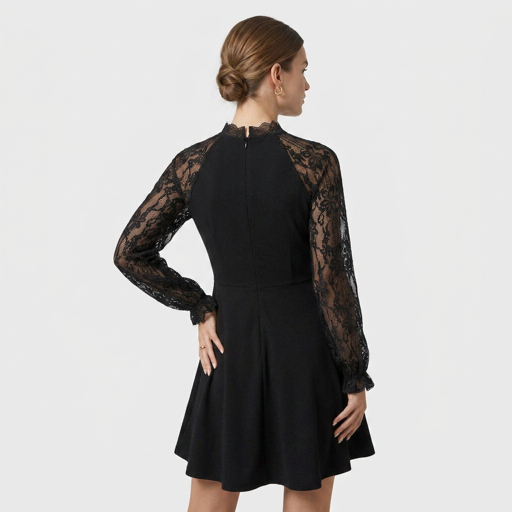 Robe Mini Élégante Manches Dentelle Col Rond pour Femme