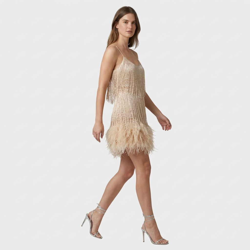 Robe Mini Ornée Plumes Silhouette Sculptée pour Femme