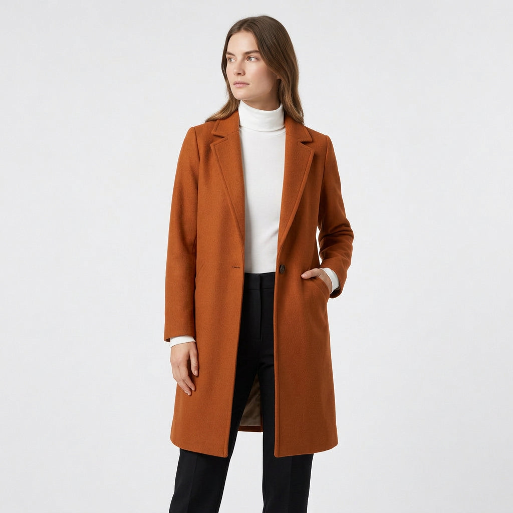 Women's Single-Breasted Long Coat with a Structured Cut and Defined Shoulders
