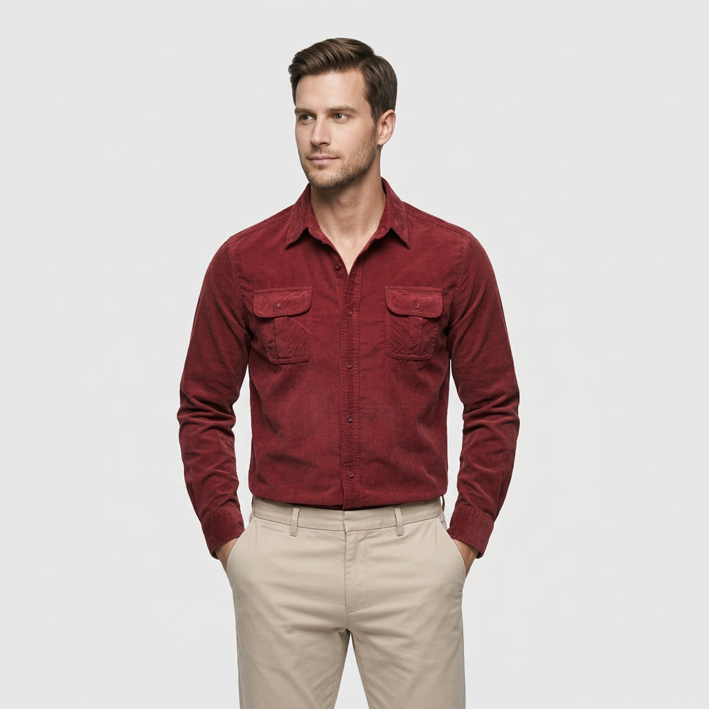 Men's Military Style Long Sleeve Shirt Chest Pockets Relaxed Fit