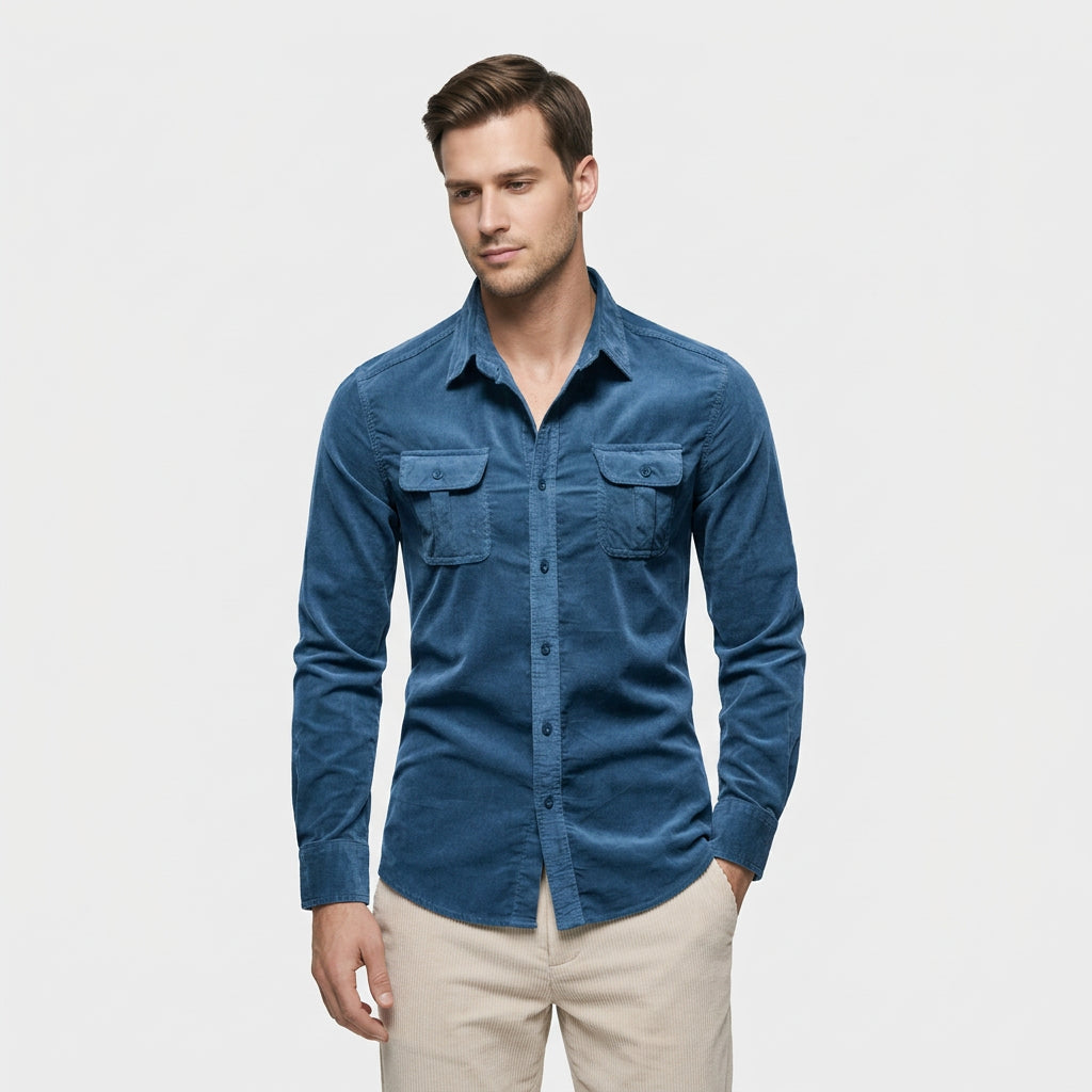 Men's Military Style Long Sleeve Shirt Chest Pockets Relaxed Fit