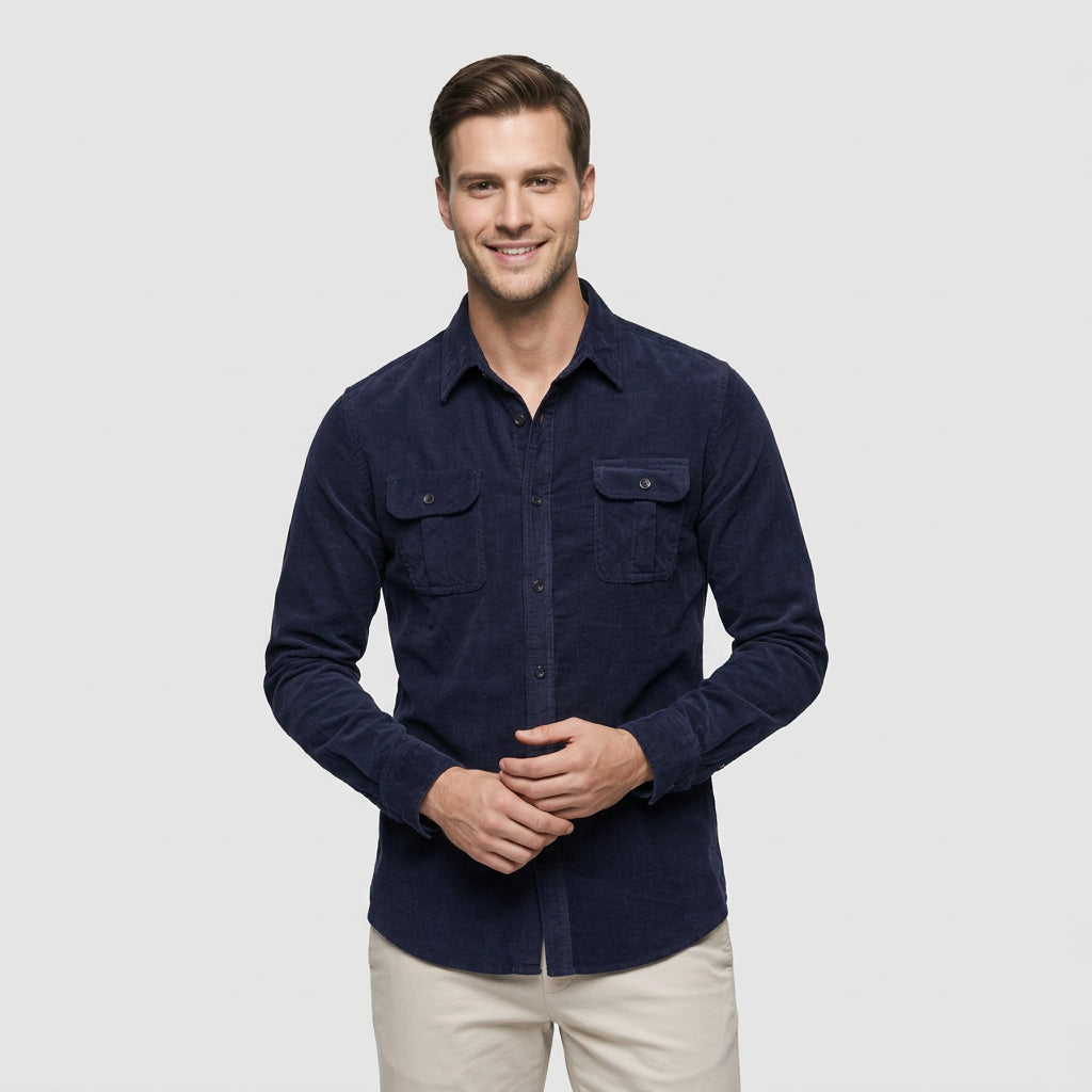 Men's Military Style Long Sleeve Shirt Chest Pockets Relaxed Fit