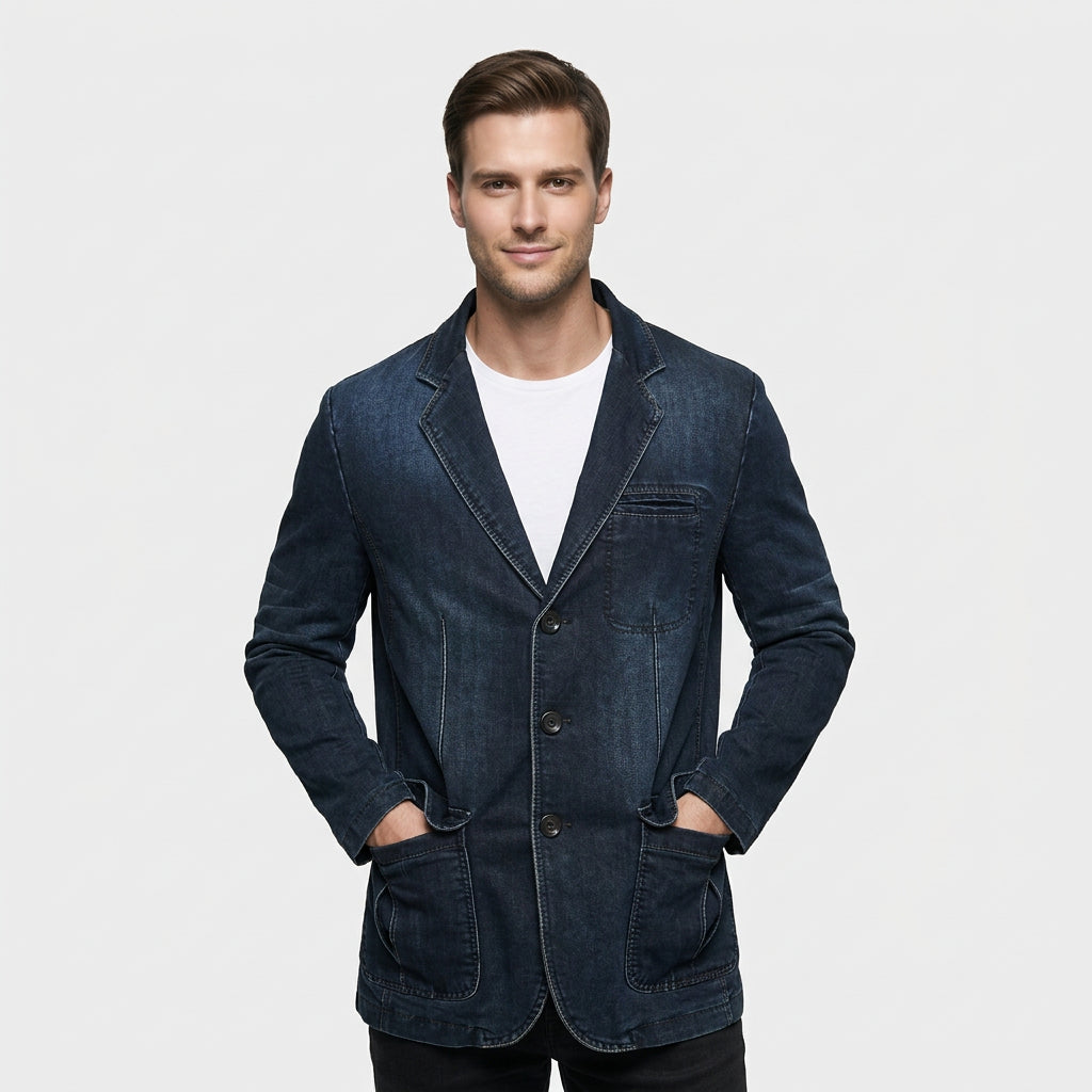 Blazer en Denim Stretch Coupe Structurée à Boutons pour Homme
