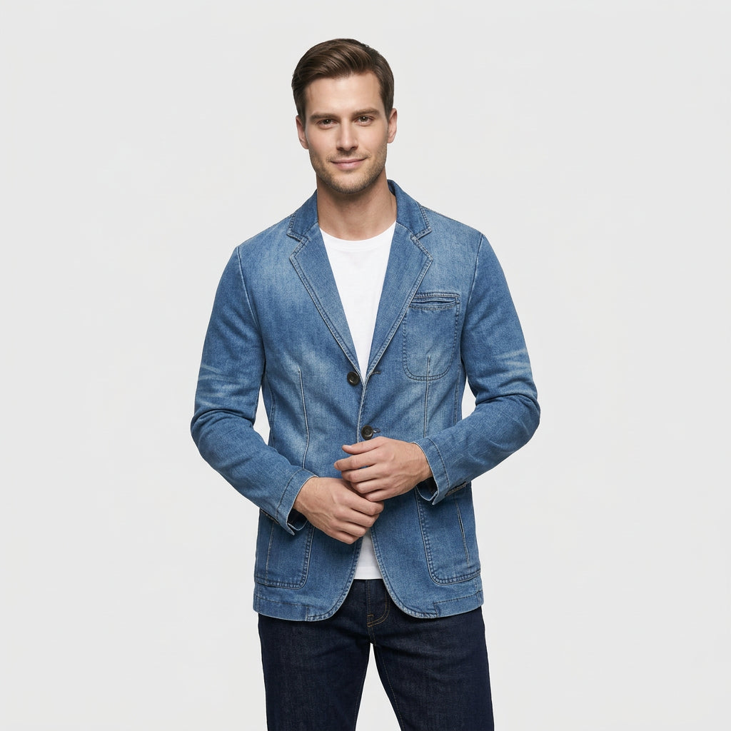 Blazer en Denim Stretch Coupe Structurée à Boutons pour Homme