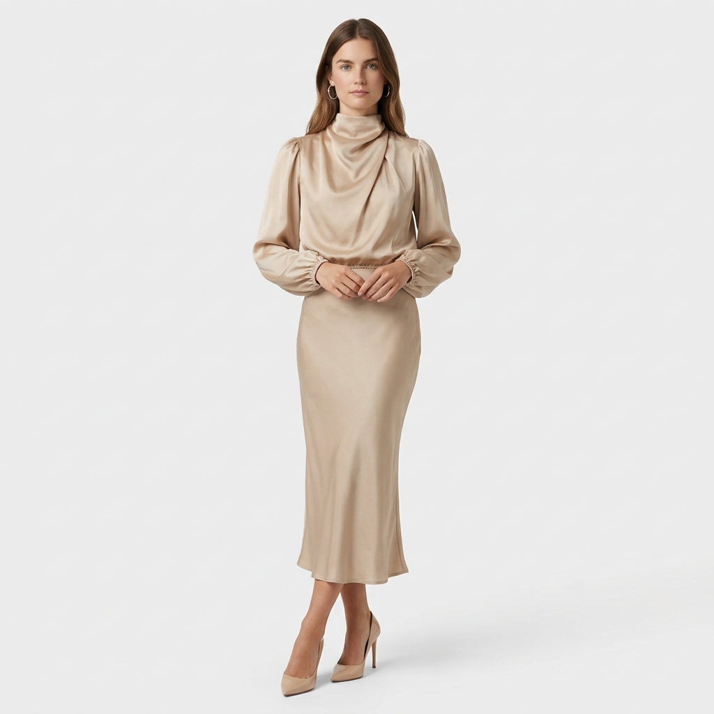 Robe Midi Col Montant Coupe Ajustée pour Femme
