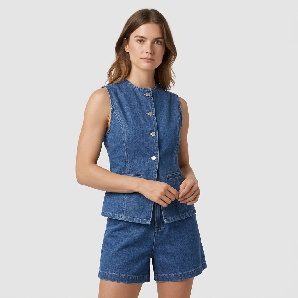 Ensemble Co-Ord Denim Sans Manches Coupe Estivale pour Femme