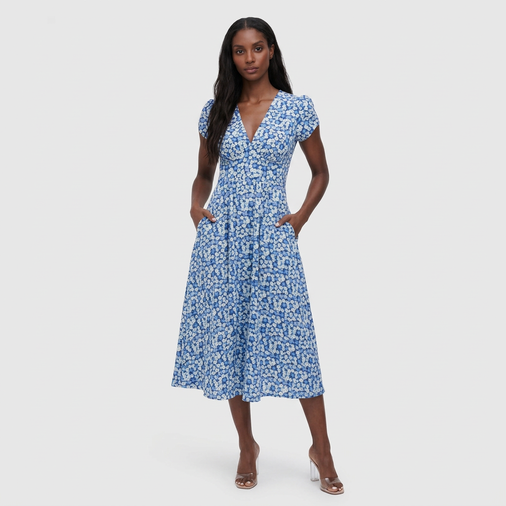 Robe Midi Florale Col V avec Poches pour Femme