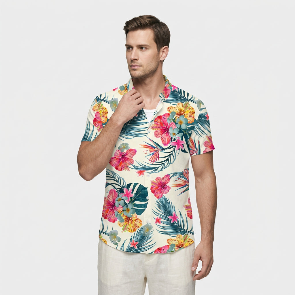 Chemise Fleurie Tropicale Manches Courtes Coupe Décontractée pour Homme