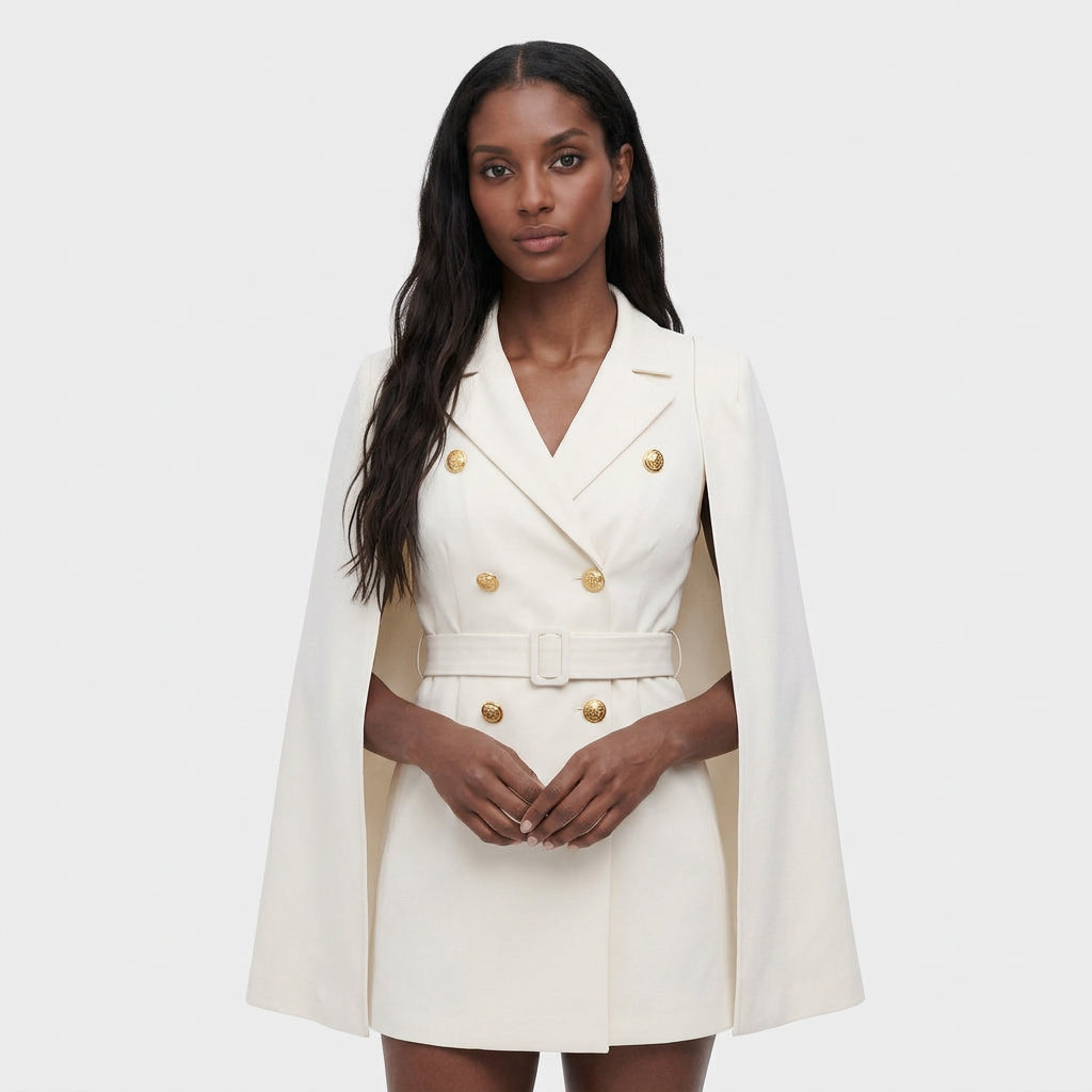 Robe Blazer Cape Ceinturée Boutons Dorés pour Femme