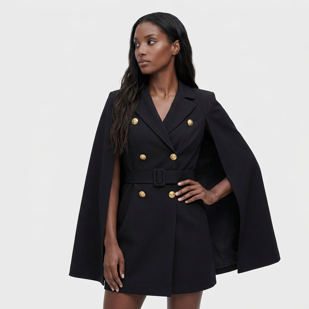 Robe Blazer Cape Ceinturée Boutons Dorés pour Femme