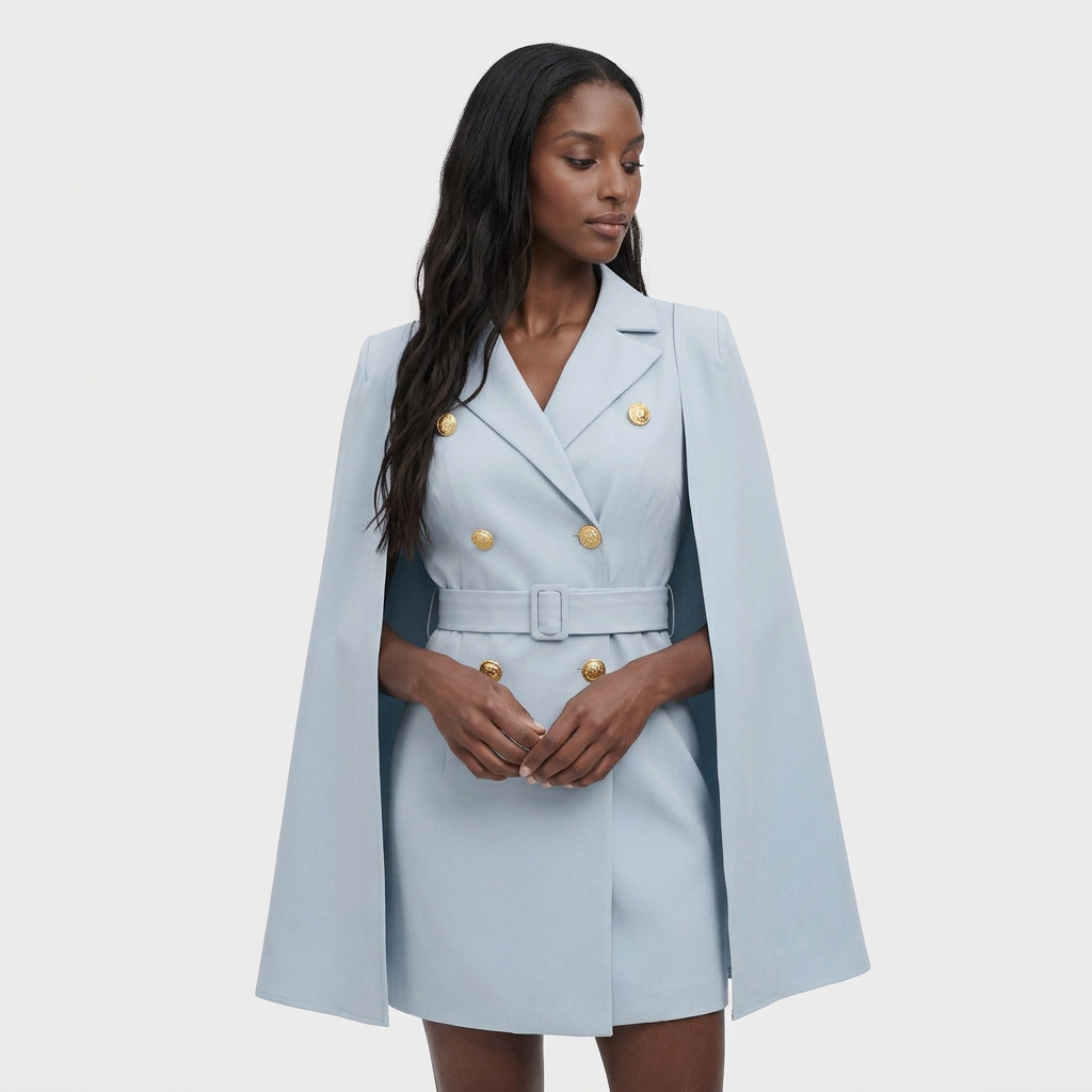 Robe Blazer Cape Ceinturée Boutons Dorés pour Femme