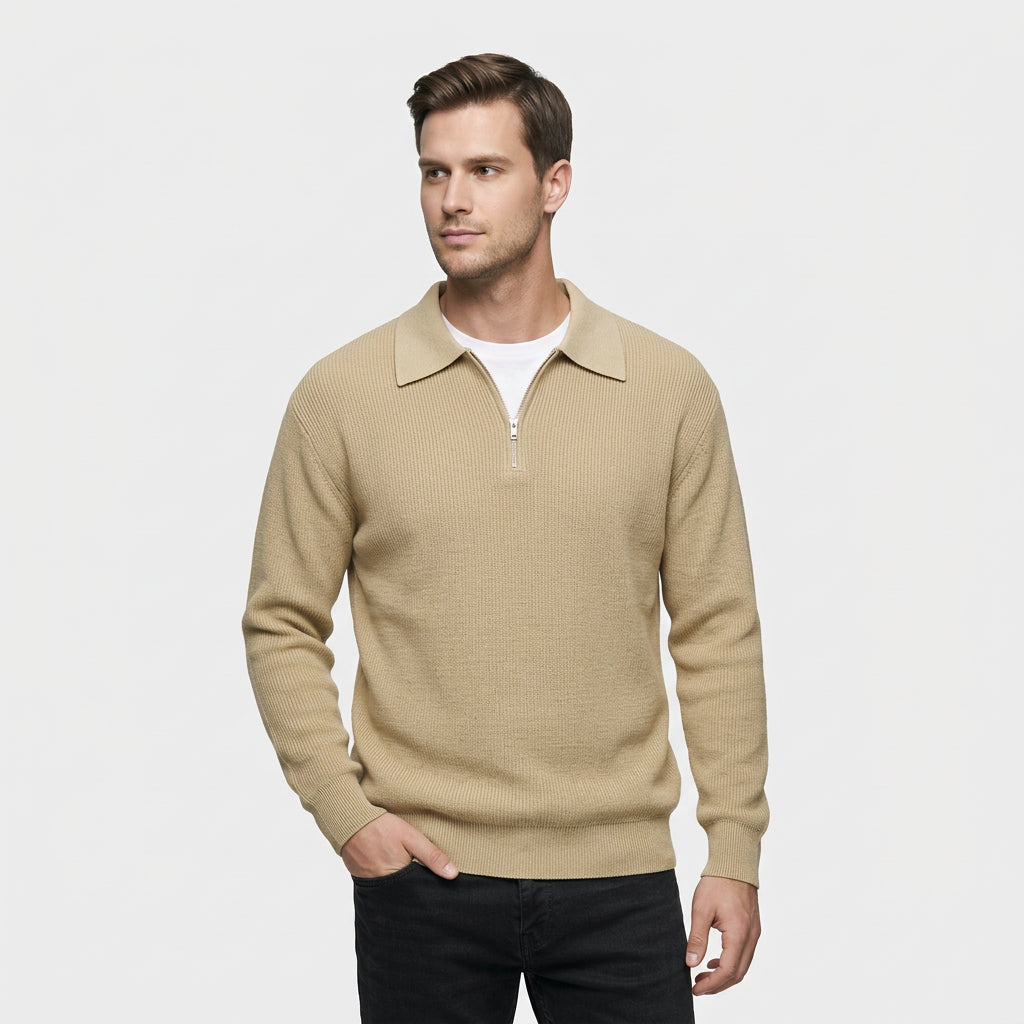 Pull Côtelé Col Polo Demi-Zip Coupe Décontractée pour Homme