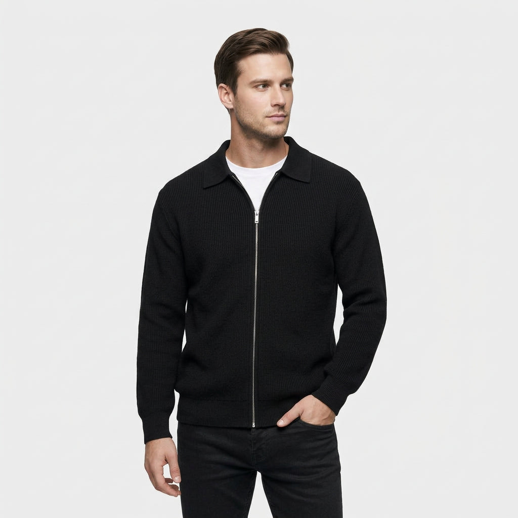 Pull Côtelé Col Polo Demi-Zip Coupe Décontractée pour Homme