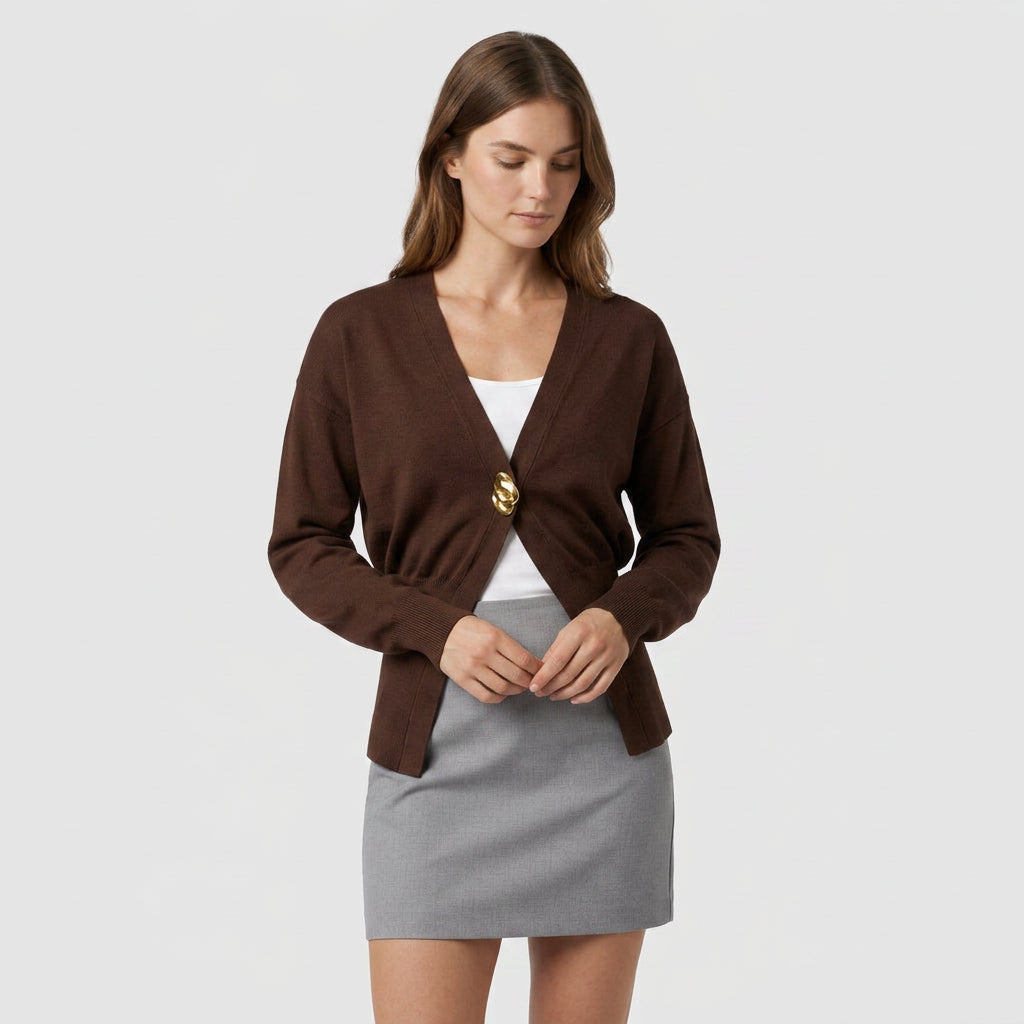 Cardigan en Maille Fine Col V Boutonnage Simple Coupe Ajustée pour Femme
