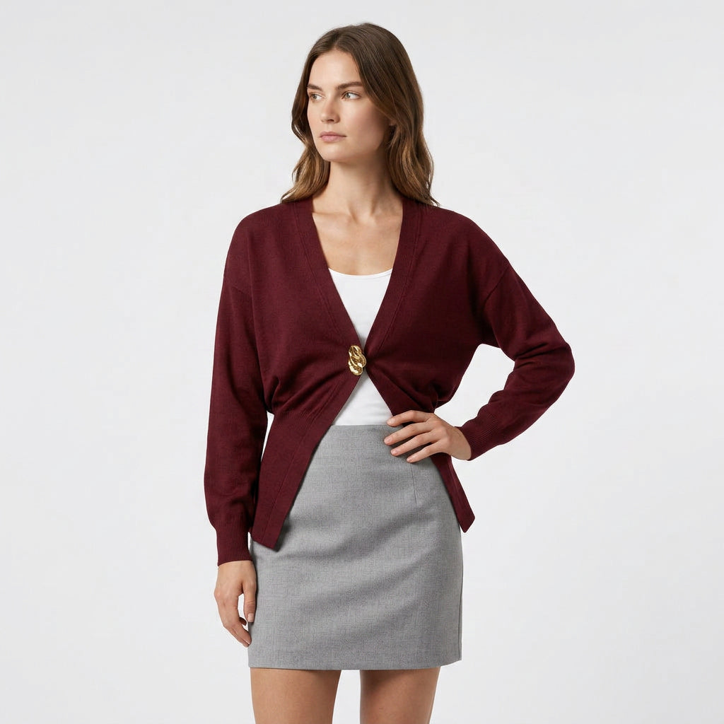 Cardigan en Maille Fine Col V Boutonnage Simple Coupe Ajustée pour Femme