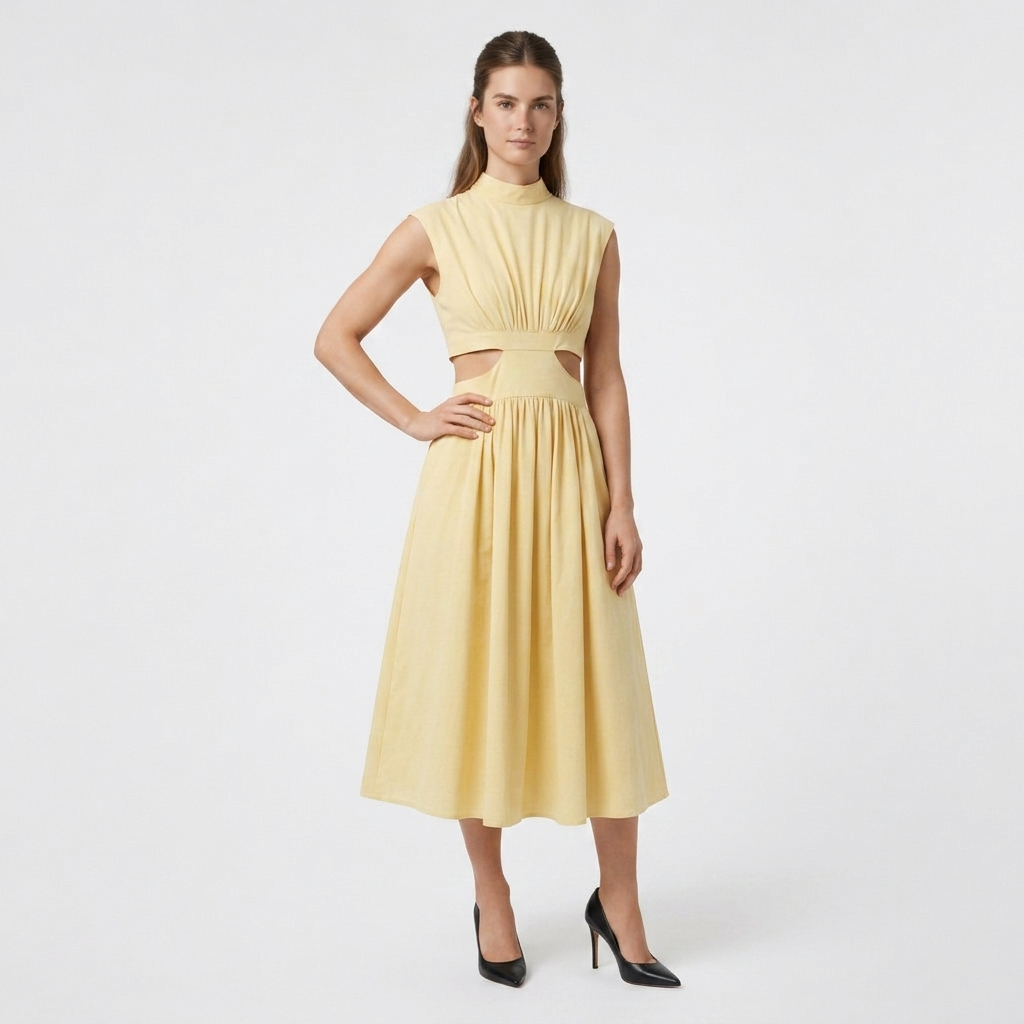 Robe Longue Élégante Manches Courtes Découpe Taille Dos Ouvert pour Femme