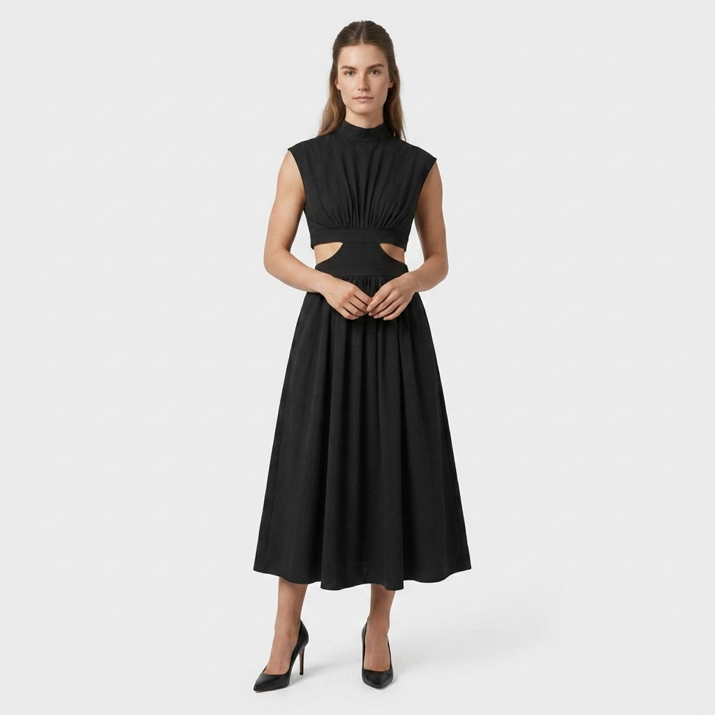 Robe Longue Élégante Manches Courtes Découpe Taille Dos Ouvert pour Femme