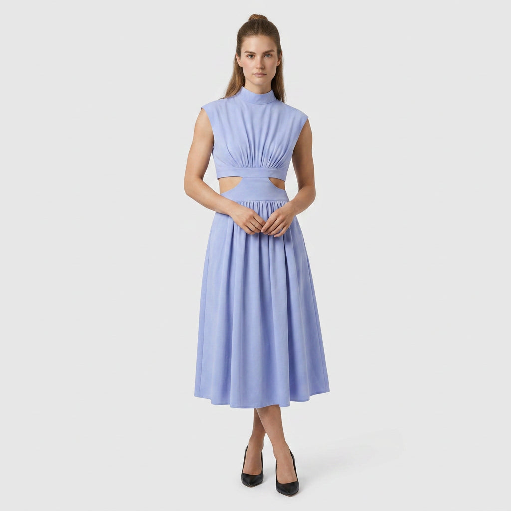 Robe Longue Élégante Manches Courtes Découpe Taille Dos Ouvert pour Femme