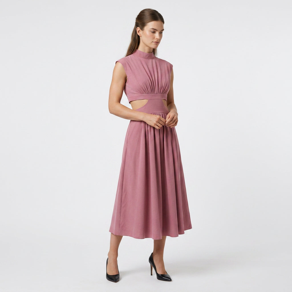 Robe Longue Élégante Manches Courtes Découpe Taille Dos Ouvert pour Femme