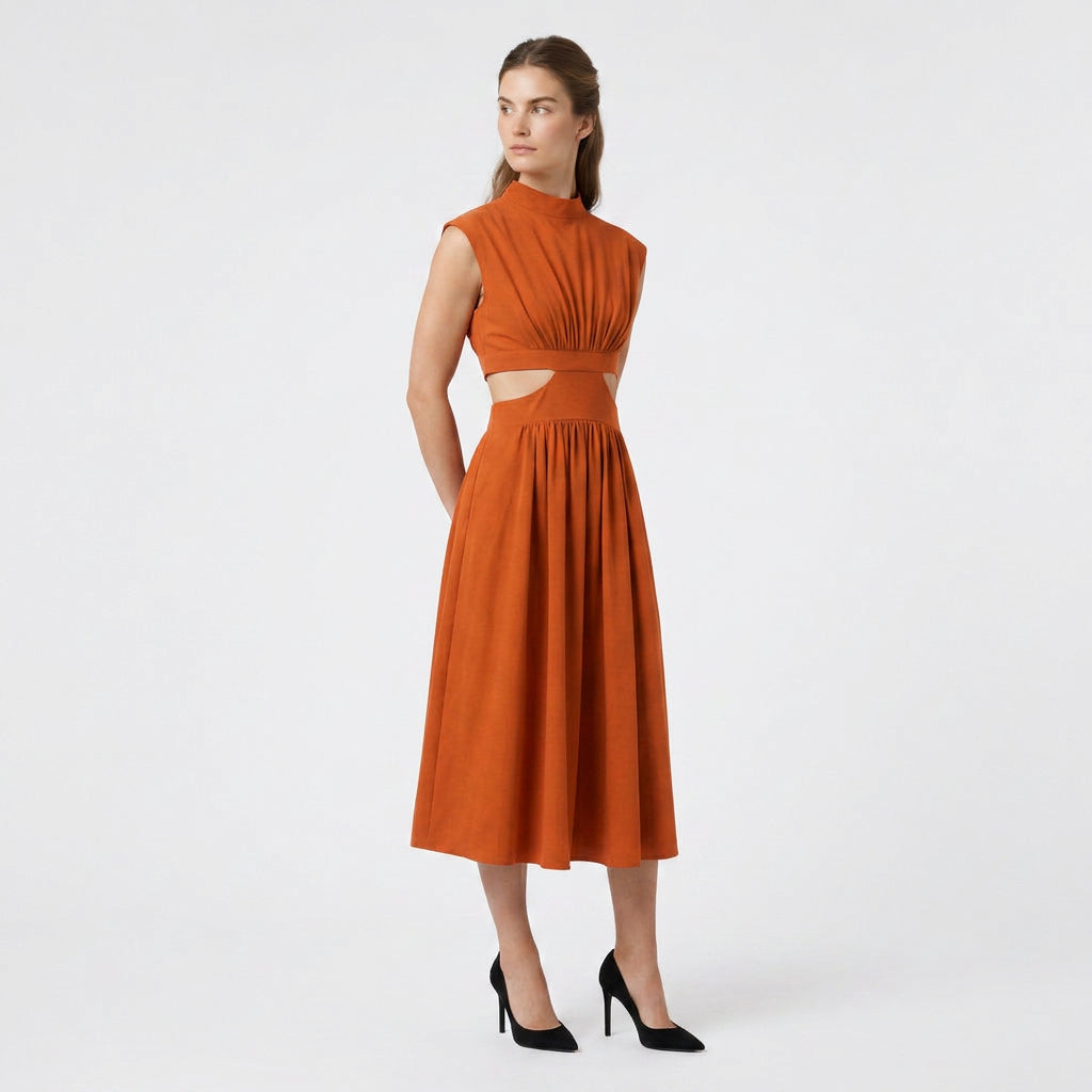 Robe Longue Élégante Manches Courtes Découpe Taille Dos Ouvert pour Femme