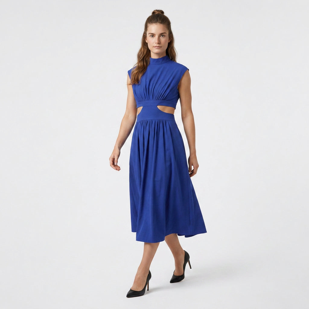 Robe Longue Élégante Manches Courtes Découpe Taille Dos Ouvert pour Femme