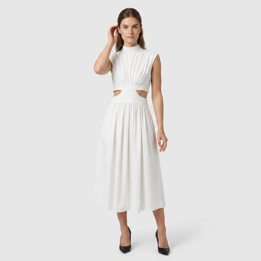Robe Longue Élégante Manches Courtes Découpe Taille Dos Ouvert pour Femme